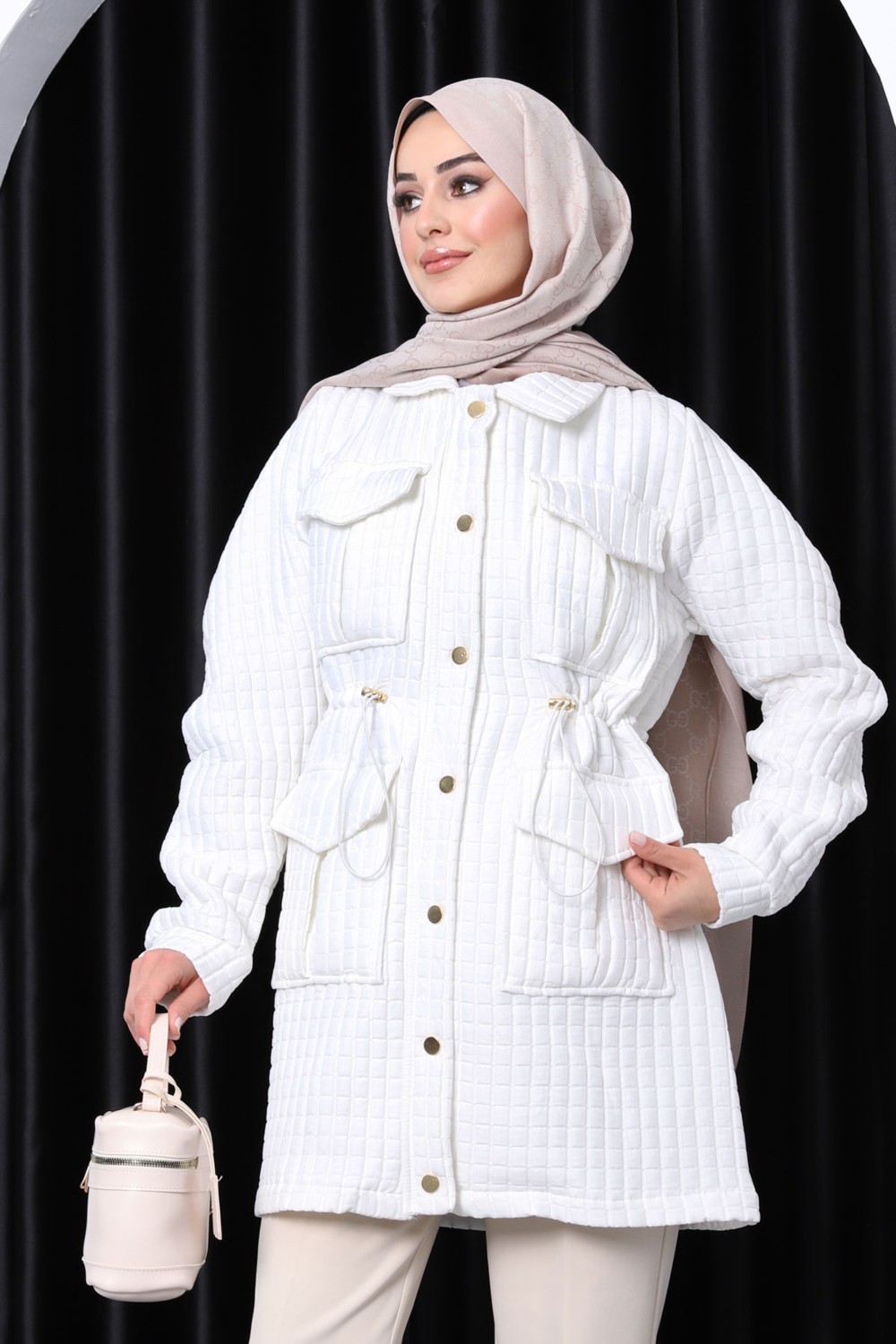 İmaj Butik Ekru Bel Büzgülü Kapitone Mont görsel 2