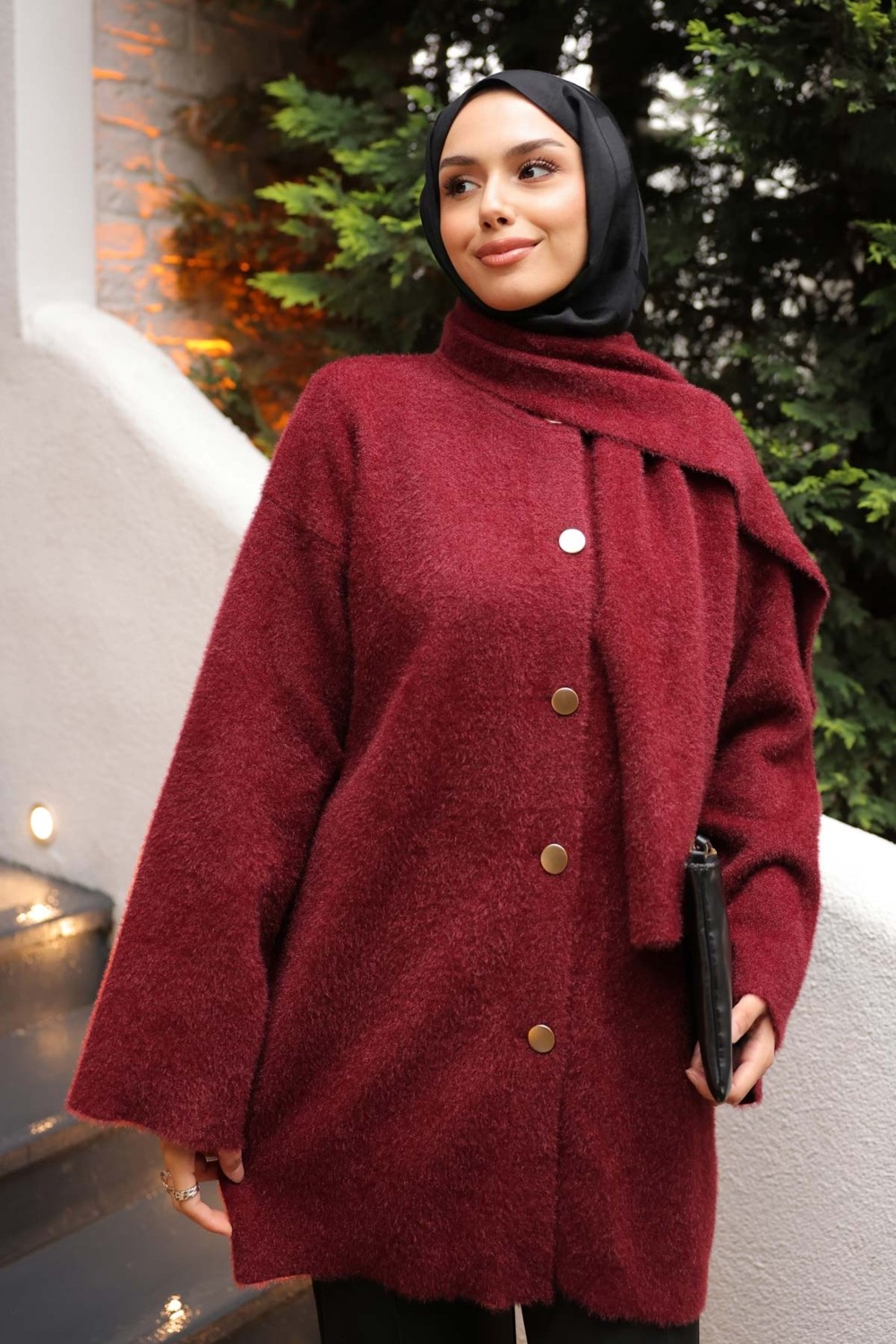İmaj Butik Kahverengi Atkı Detaylı Angora Yumoş Triko Hırka Dokuma Malzeme ile Şıklık Sunuyor