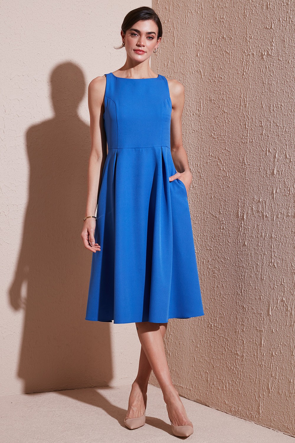 Lela Regular Fit Bisiklet Yaka Cepli Pileli Midi Boy Abiye Elbise Bayan Elbise 6111963 görsel 8