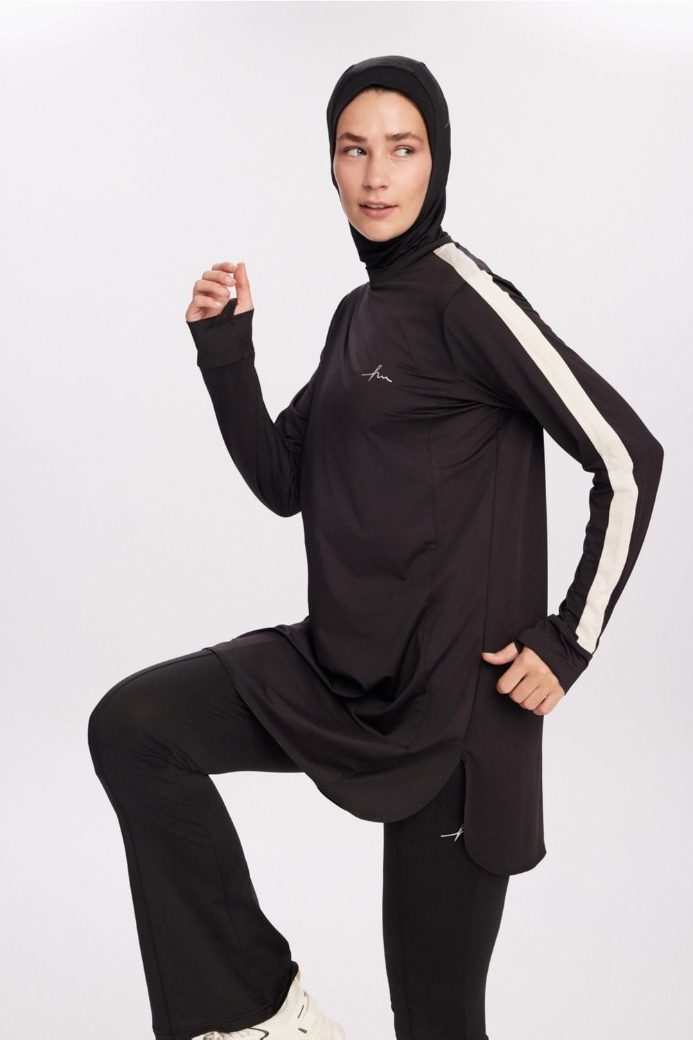 Haşema Active H-Per Fit Bisiklet Yaka Kolları Şerit Detaylı Mint Tesettür Antrenman Üstü Act-35 görsel 5