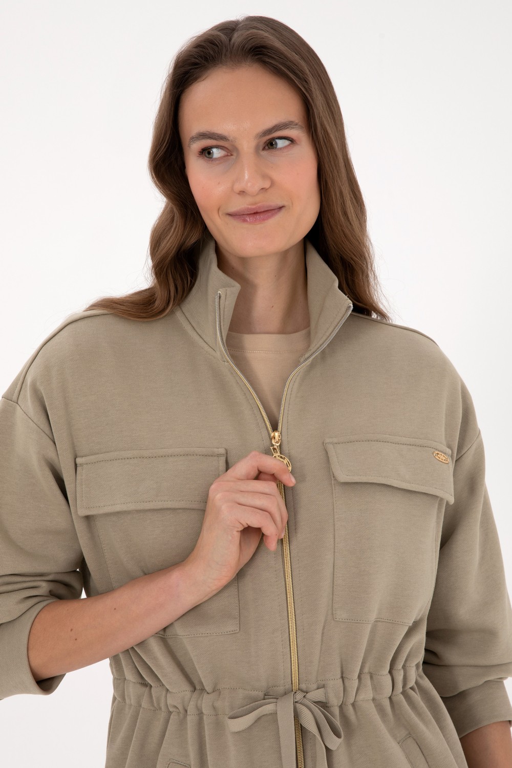 U.S. Polo Assn. Kadın Açık Haki Fermuarlı Dik Yaka Sweatshirt 50318035-VR183 görsel 2