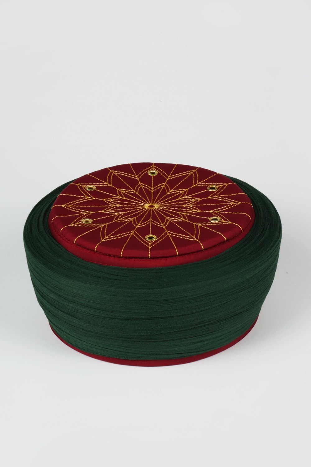 Sarıkhane Çocuk Talebe Sarığı - Yeşil Kumaş - Bordo Takke - Düz Sarım - Kuş Gözü - 6 Metre