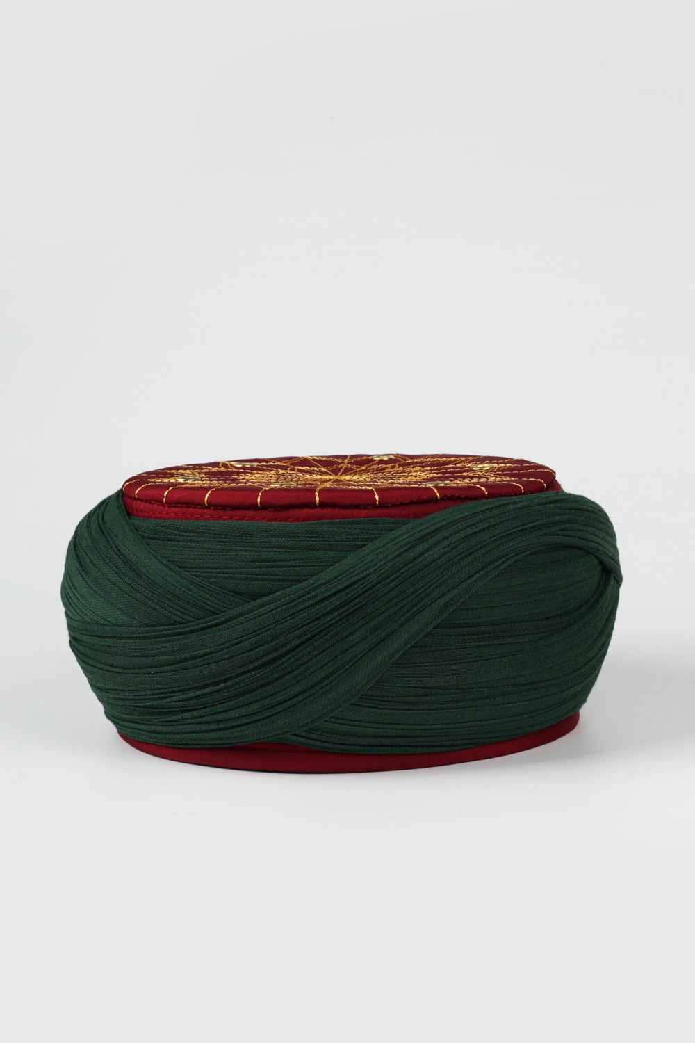 Sarıkhane Çocuk Talebe Sarığı - Yeşil Kumaş - Bordo Takke - Çapraz Sarım - Kuş Gözü - 6 Metre görsel 3