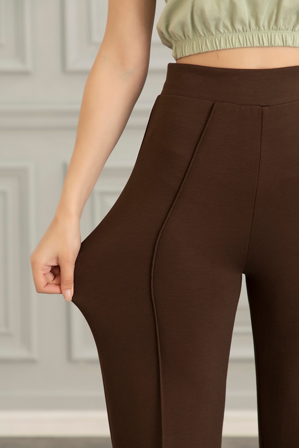 Olizza Kadın Modal Bol Paça Çımalı Yüksek Bel Beli Lastikli Yumuşak Dokulu Likralı Pantolon görsel 8