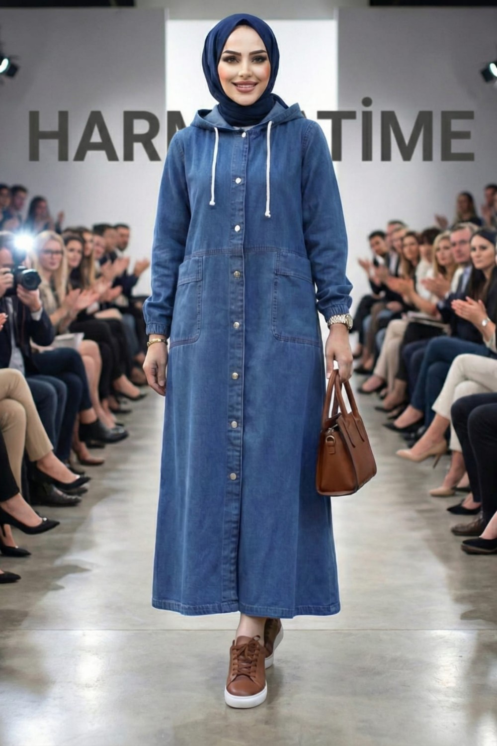 Harma Time Butik Kadın Kapüşonlu Düğmeli Cepli Açık Kot Mavi Kap görsel 4