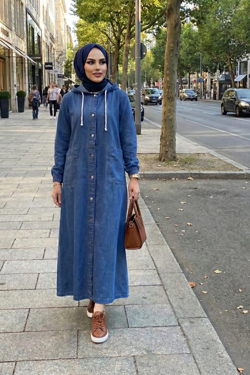 Harma Time Butik Kadın Kapüşonlu Düğmeli Cepli Açık Kot Mavi Kap görsel 5