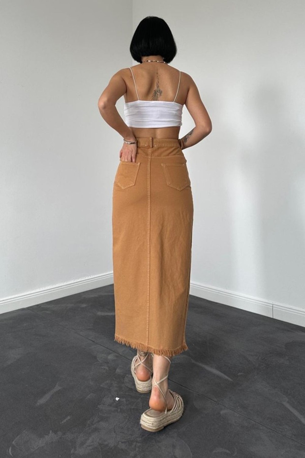 Camel Gabardin Boyamalı Püsküllü Etek görsel 2