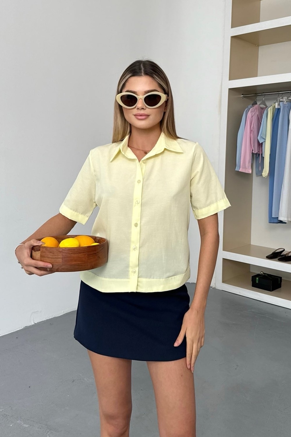 Jee Lee Kadın Kısa Kollu Pamuklu Basic Gömlek Beyaz - 26Y 2127
