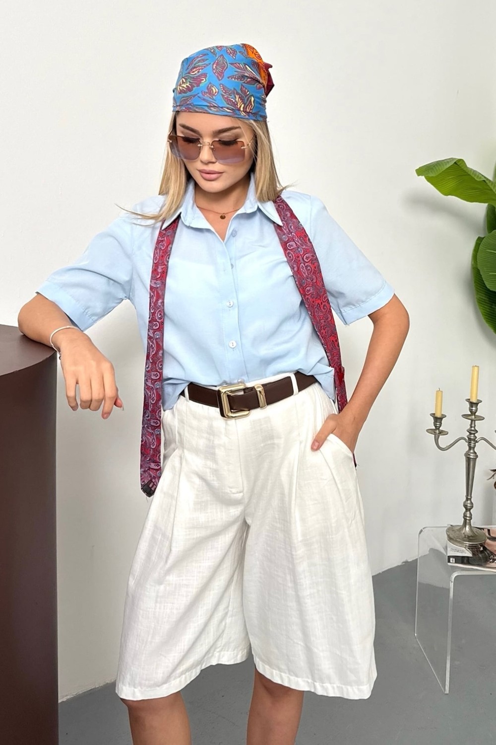 Jee Lee Kadın Kısa Kollu Pamuklu Basic Gömlek Beyaz - 26Y 2127