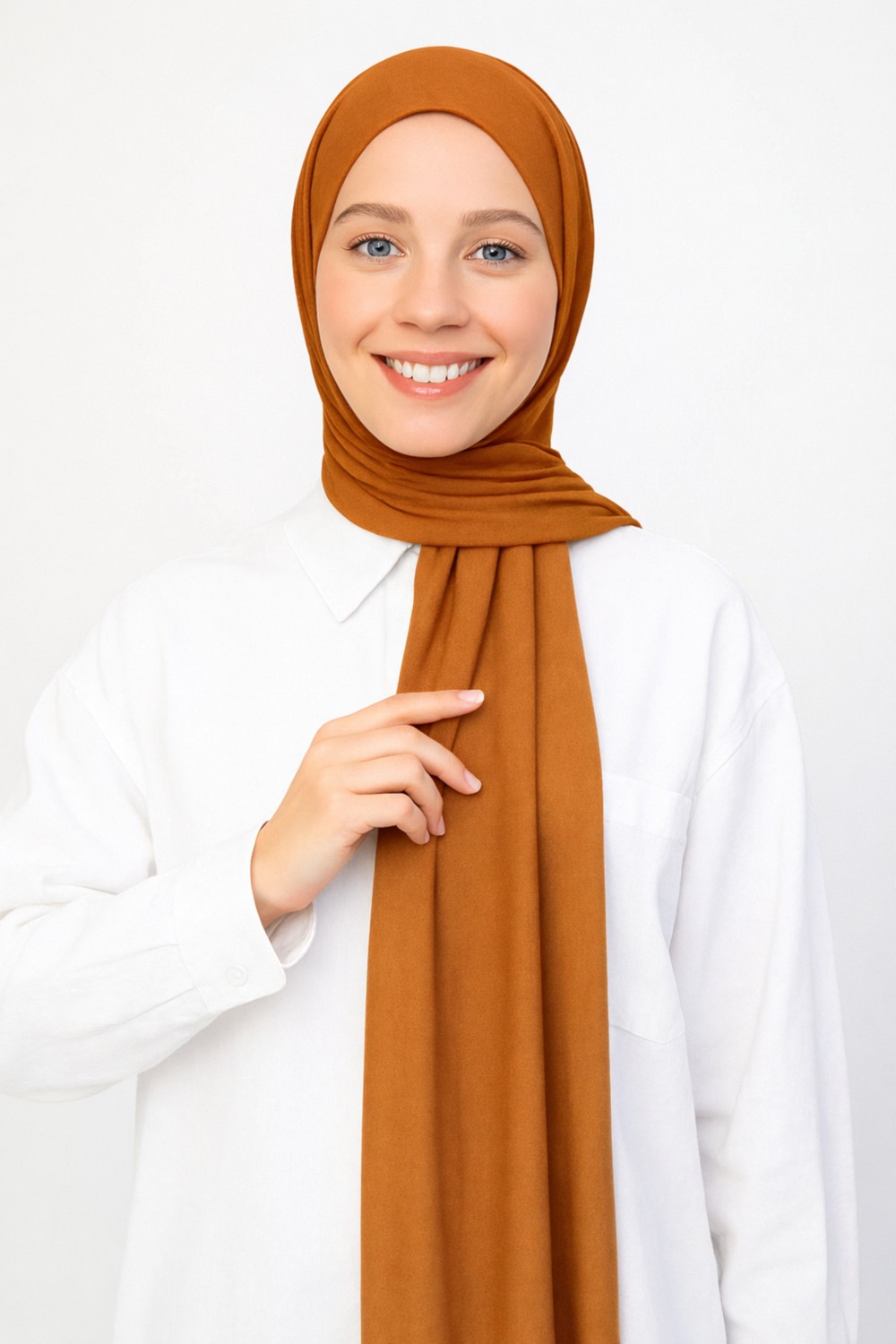 Moda Nokta Hazır Pratik Geçmeli Lüks Organik Düz Penye Şal Eşit Hizalı Taba görsel 5