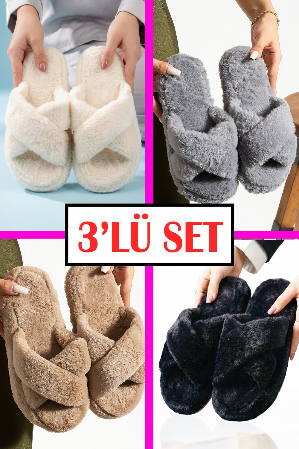 Nmoda 3 Lü Set Pofuduk Peluş Çapraz Bantlı Kadın Ev Terliği Kışlık Yumuşak Ev Terliği Ses Yapmaz Taban görsel 6