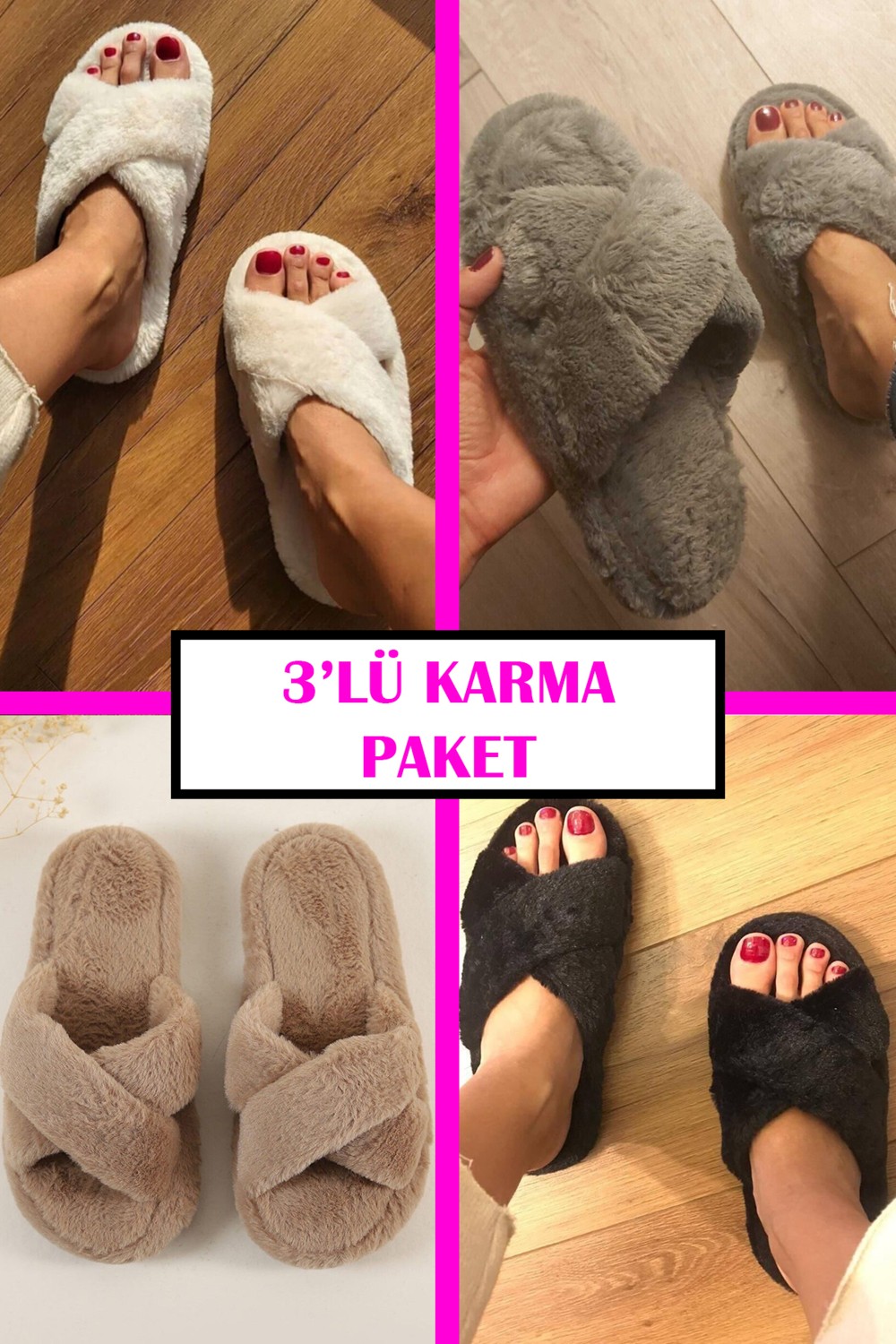 Nmoda 3 Lü Set Pofuduk Peluş Çapraz Bantlı Kadın Ev Terliği Kışlık Yumuşak Ev Terliği Ses Yapmaz Taban görsel 7