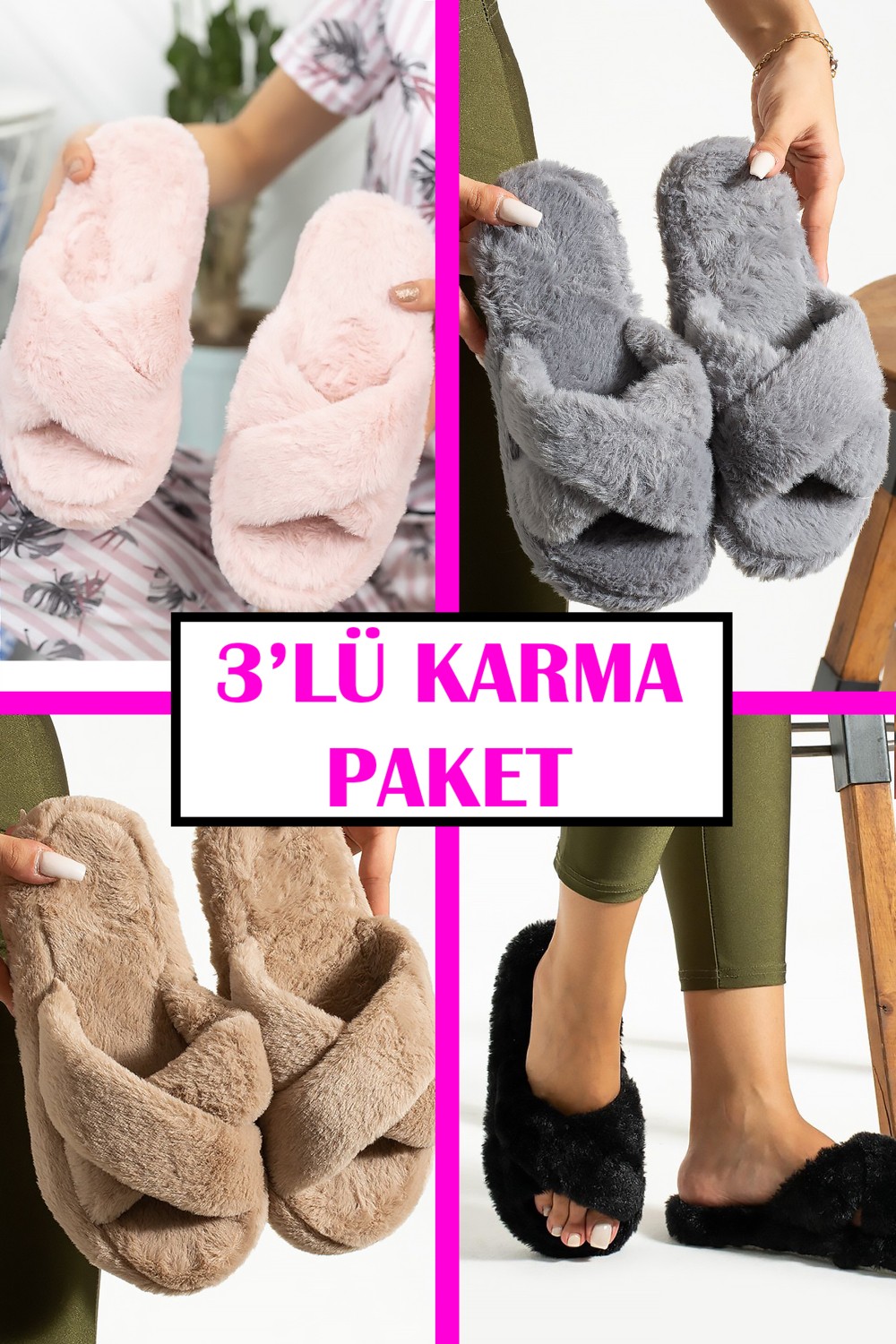 Nmoda 3 Lü Set Pofuduk Peluş Çapraz Bantlı Kadın Ev Terliği Kışlık Yumuşak Ev Terliği Ses Yapmaz Taban görsel 8