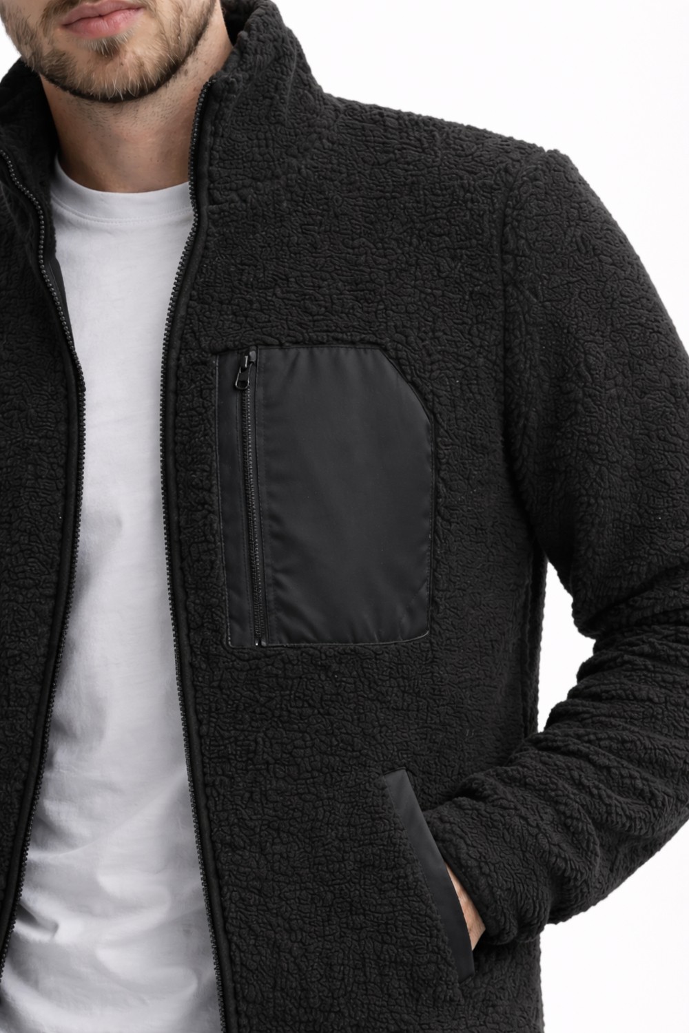Polo State Erkek Dik Yaka Fermuarlı Peluş Ceket Siyah görsel 3