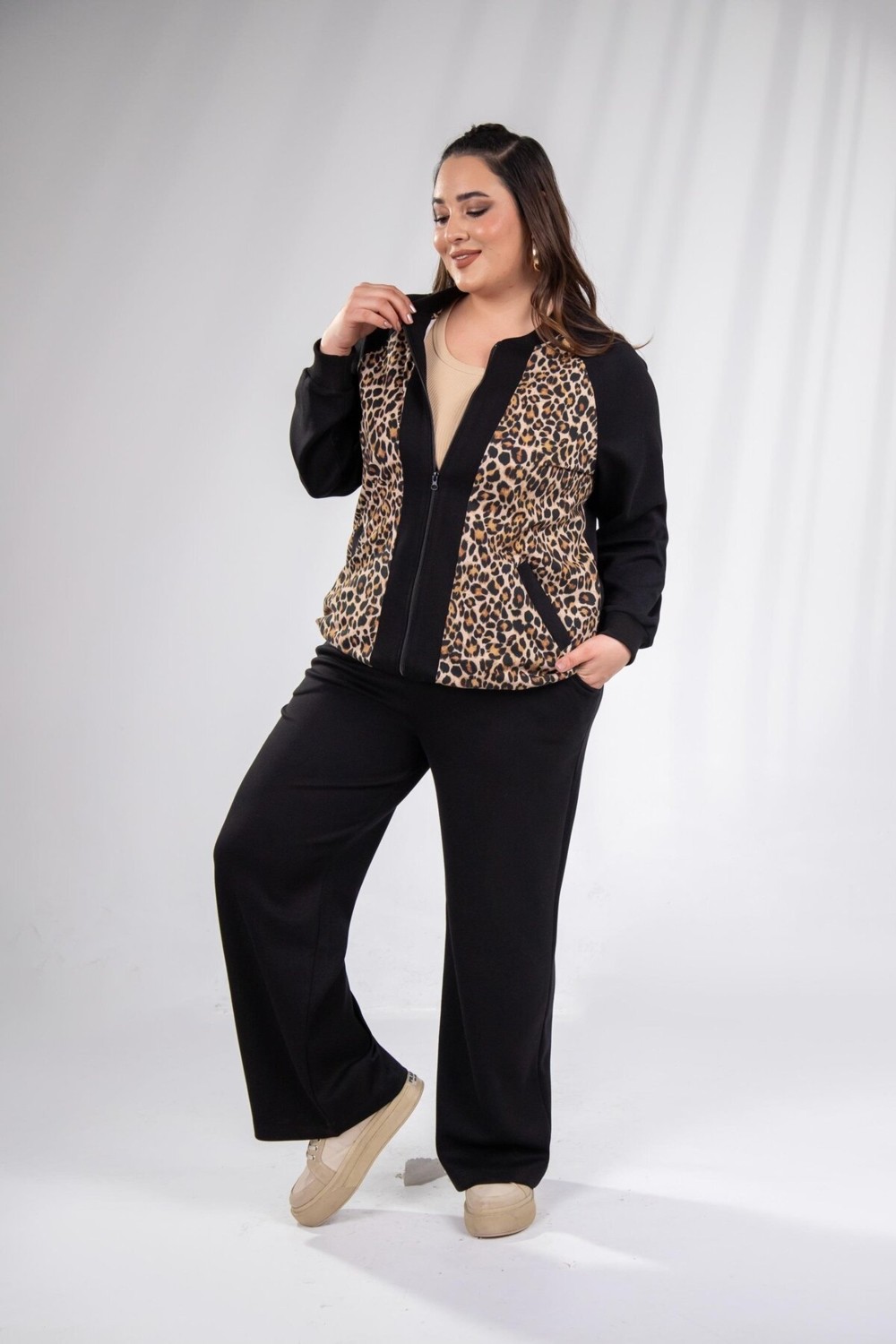 Roxxlen 333174 Kadın Büyük Beden Bnej Fermuarlı Leoparlı Sweat