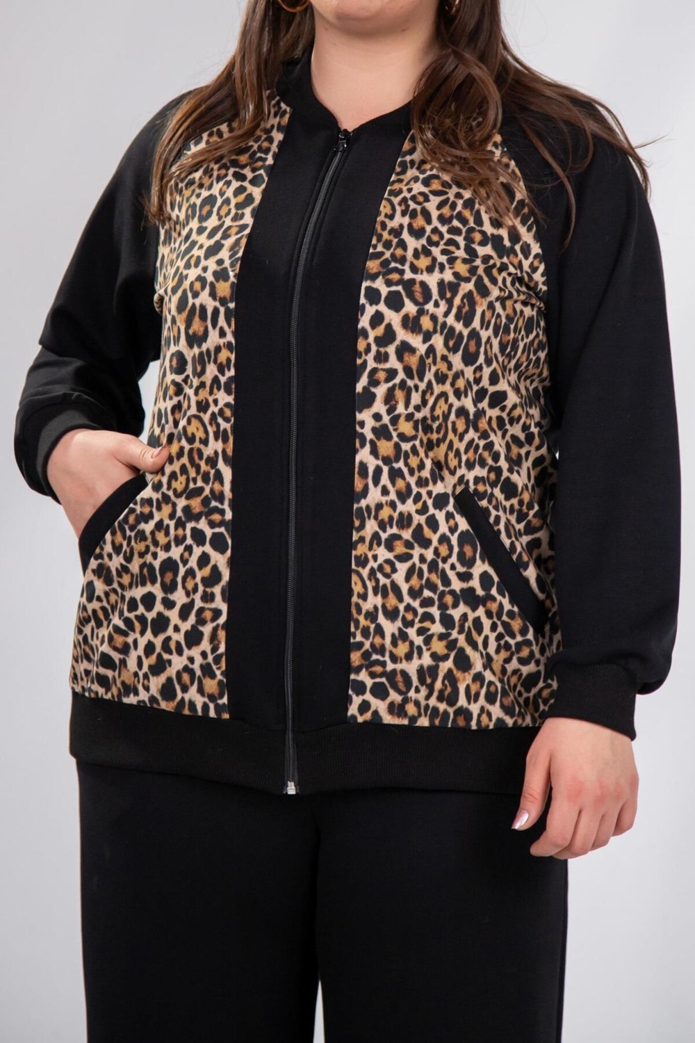 Roxxlen 333174 Kadın Büyük Beden Bnej Fermuarlı Leoparlı Sweat görsel 2