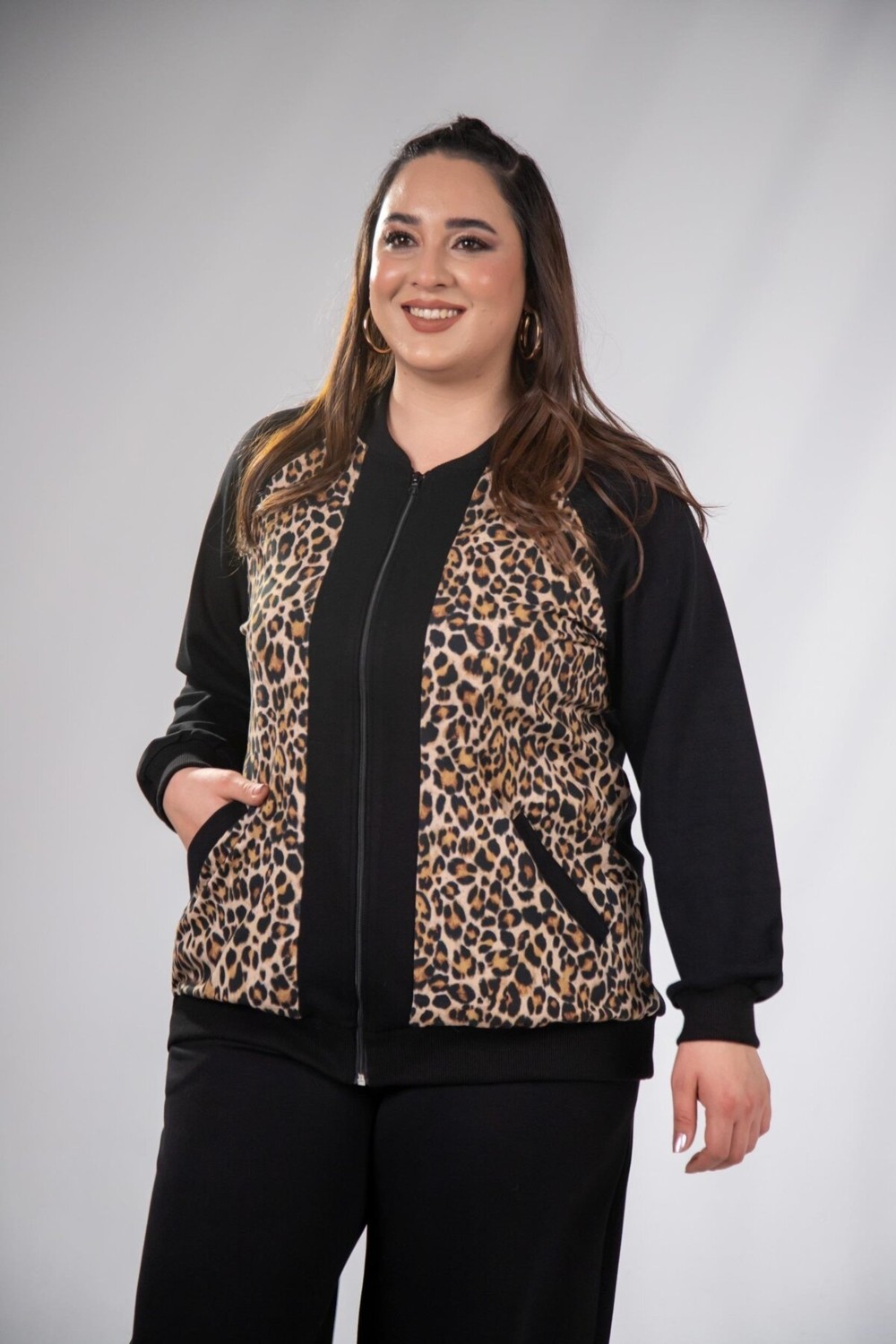 Roxxlen 333174 Kadın Büyük Beden Bnej Fermuarlı Leoparlı Sweat görsel 3