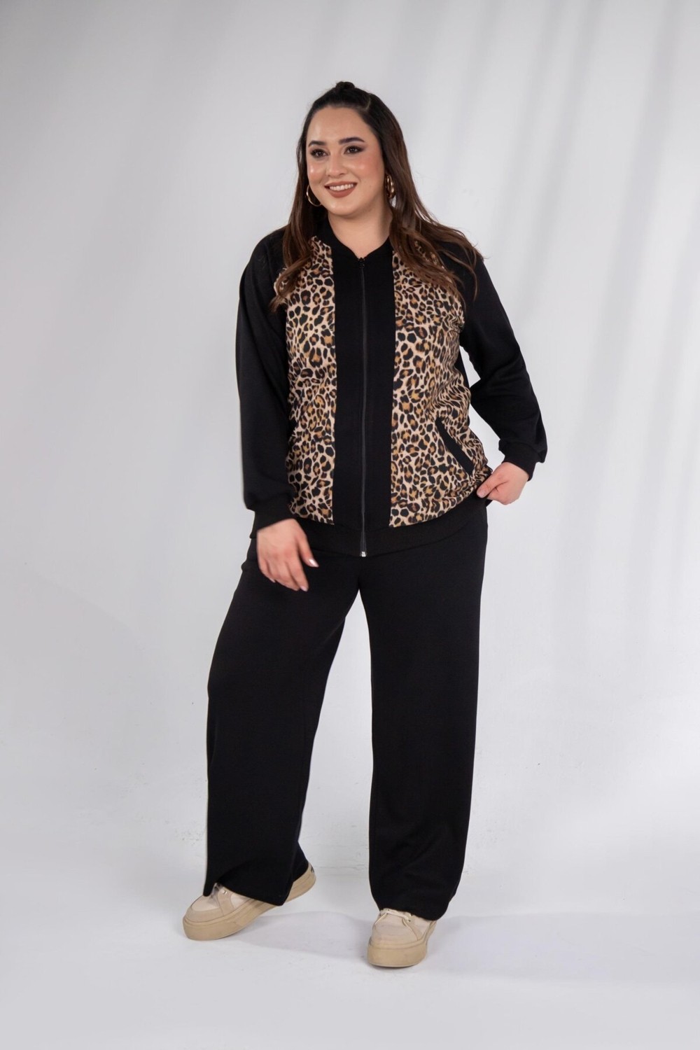 Roxxlen 333174 Kadın Büyük Beden Bnej Fermuarlı Leoparlı Sweat görsel 4