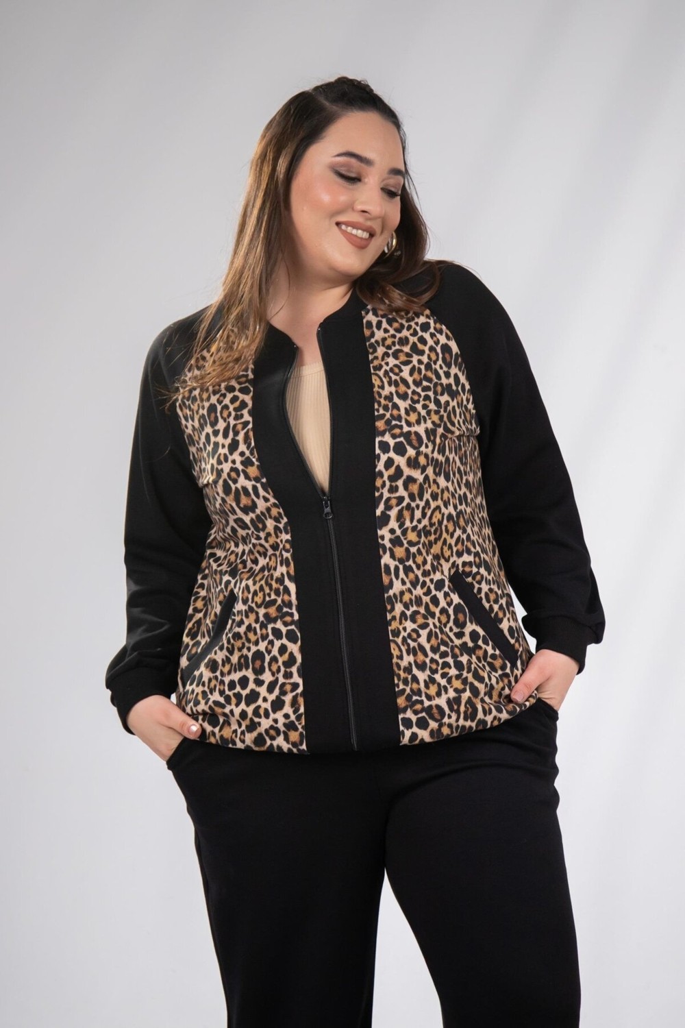 Roxxlen 333174 Kadın Büyük Beden Bnej Fermuarlı Leoparlı Sweat görsel 5
