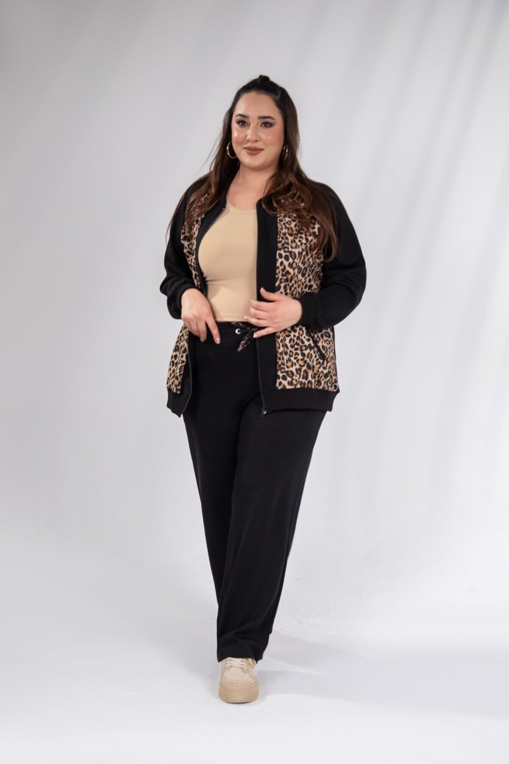 Roxxlen 333174 Kadın Büyük Beden Bnej Fermuarlı Leoparlı Sweat görsel 6