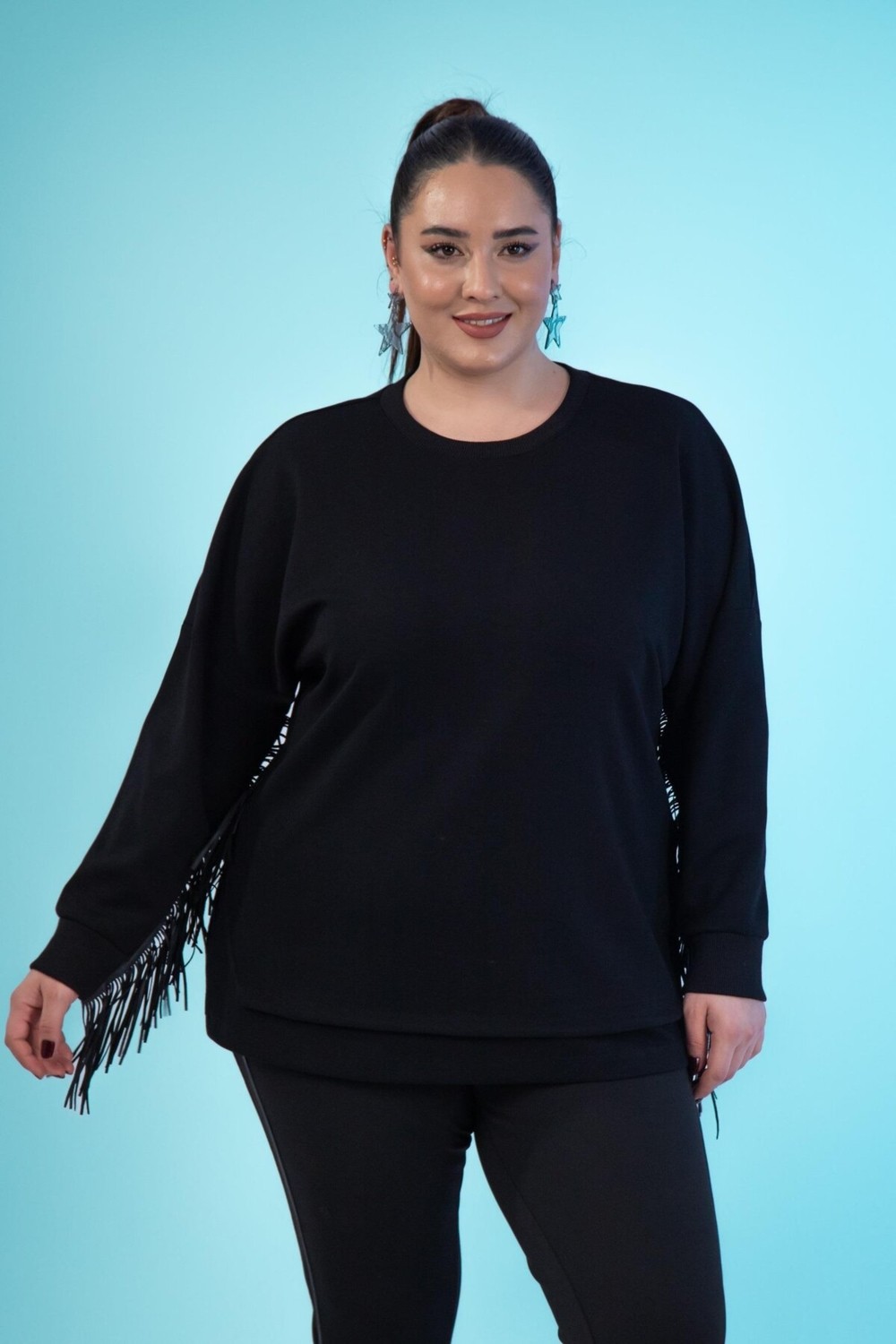 Roxxlen 3330226 Kadın Büyük Beden Siyah Deri Saçaklı Sweat