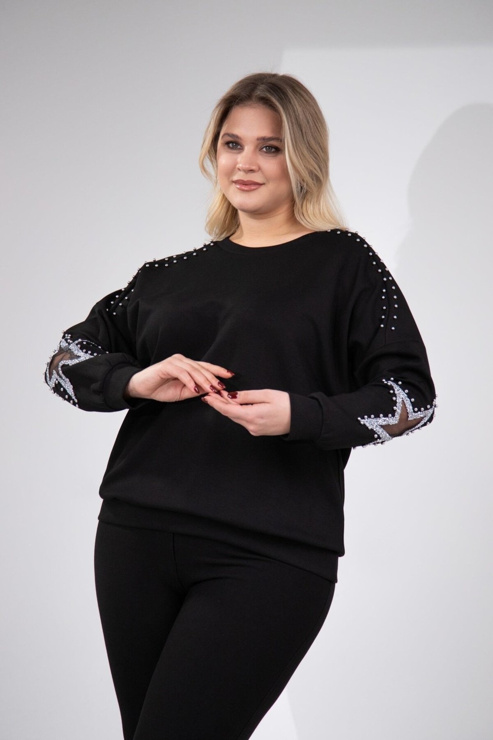 Roxxlen Büyük Beden Yıldız Taşlı Sweat Beyaz görsel 7