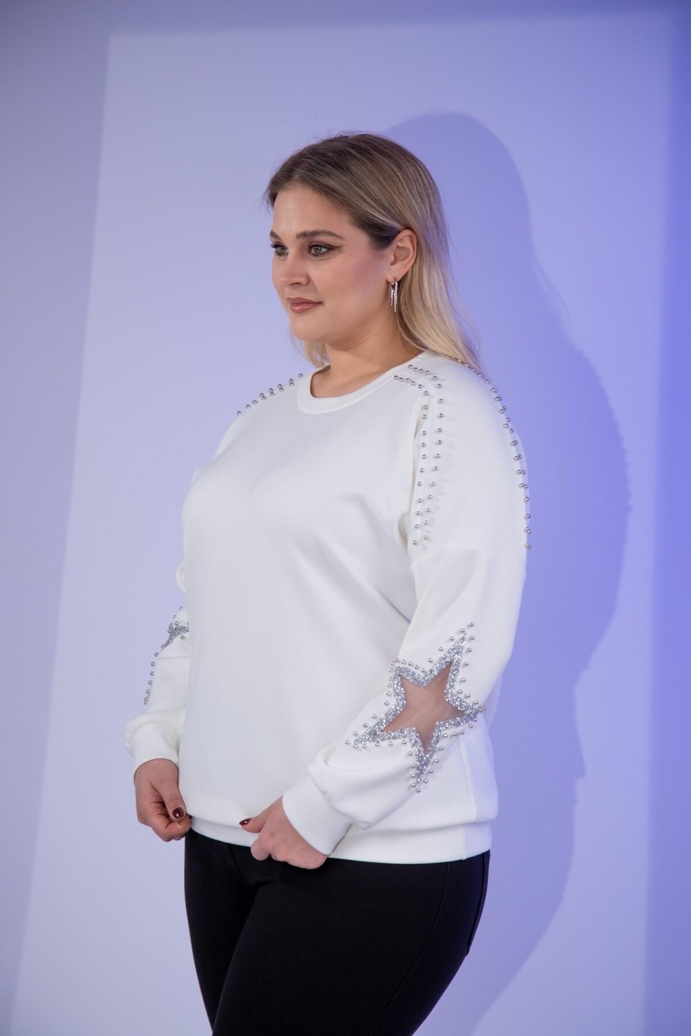 Roxxlen Büyük Beden Yıldız Taşlı Sweat Beyaz görsel 8