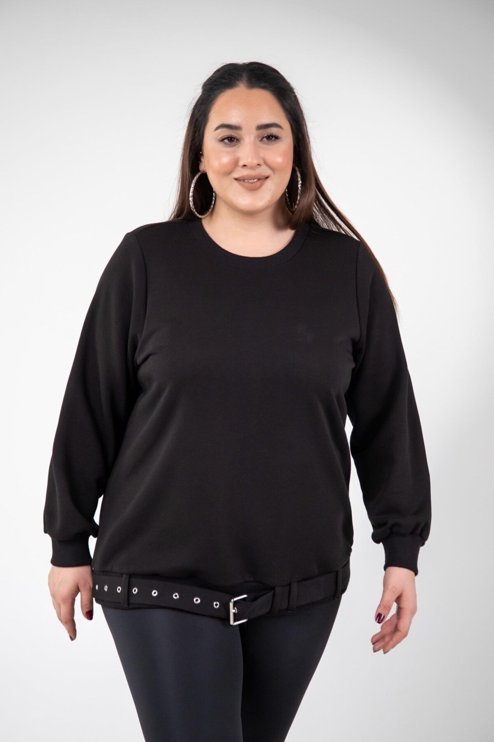 Roxxlen 3330216 Kadın Büyük Beden Siyah Kemer Detaylı Sweat görsel 2
