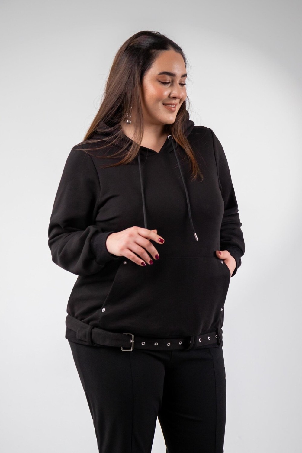 Roxxlen 3330176 Kadın Büyük Beden Siyah Cep Detaylı Sweat