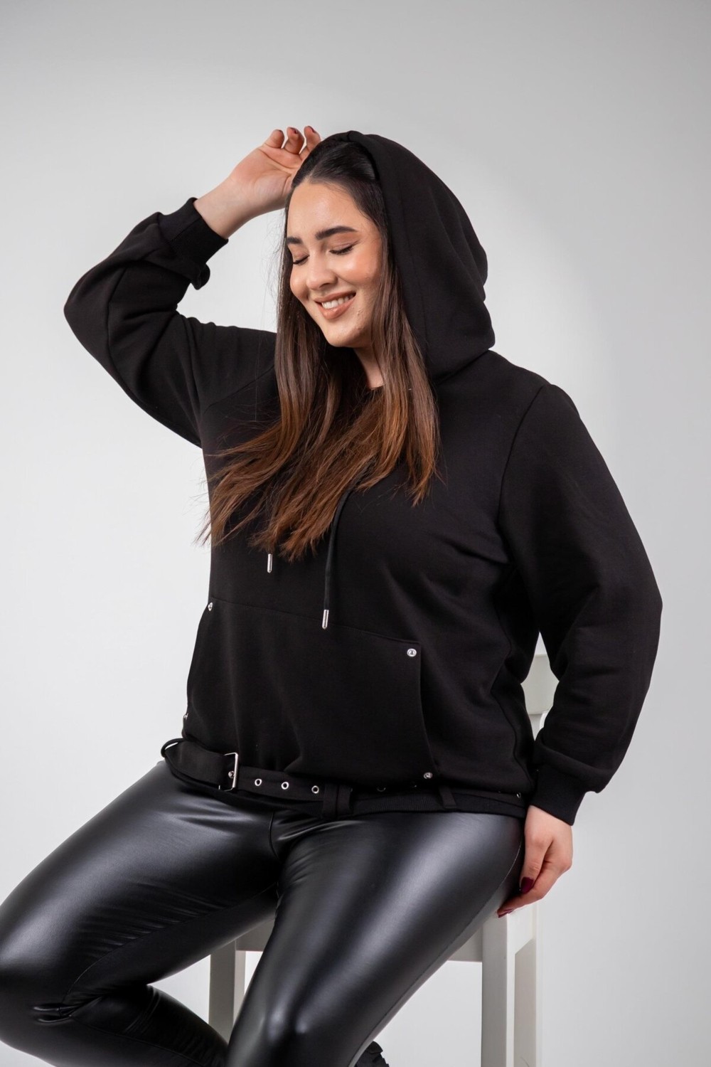 Roxxlen 3330176 Kadın Büyük Beden Siyah Cep Detaylı Sweat görsel 2
