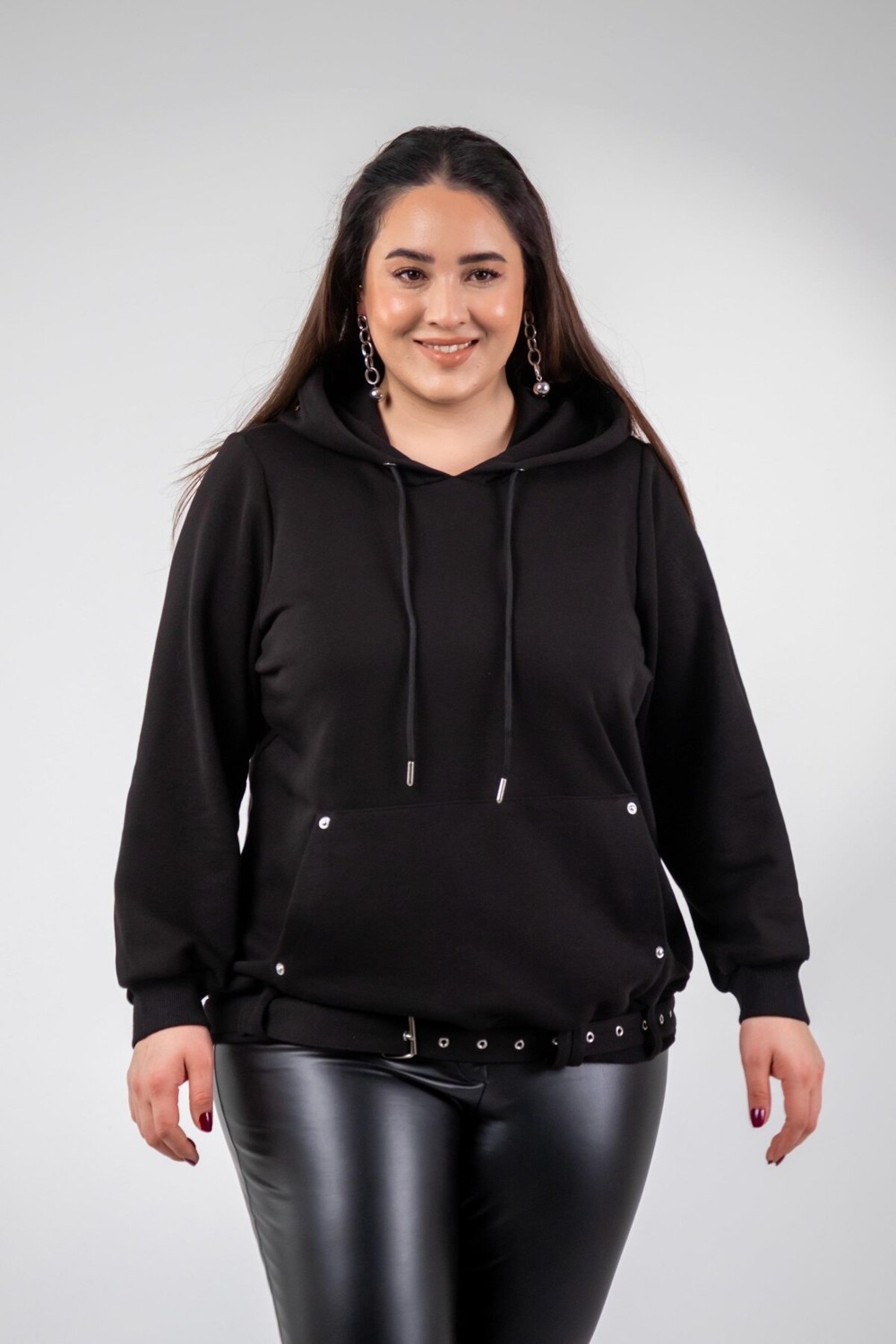 Roxxlen 3330176 Kadın Büyük Beden Siyah Cep Detaylı Sweat görsel 3