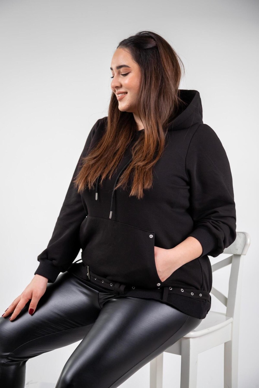 Roxxlen 3330176 Kadın Büyük Beden Siyah Cep Detaylı Sweat görsel 4