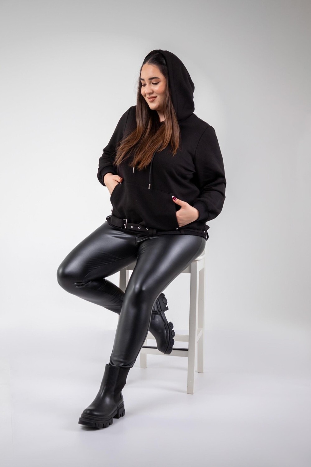 Roxxlen 3330176 Kadın Büyük Beden Siyah Cep Detaylı Sweat görsel 5