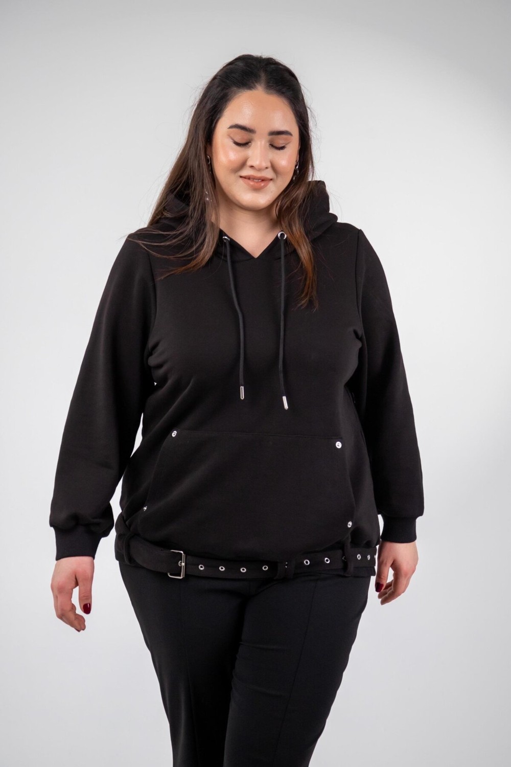 Roxxlen 3330176 Kadın Büyük Beden Siyah Cep Detaylı Sweat görsel 7