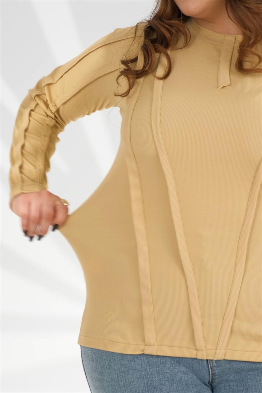 Roxxlen 333051 Kadın Büyük Beden Sarı Ribana Şeritli Sweat görsel 5