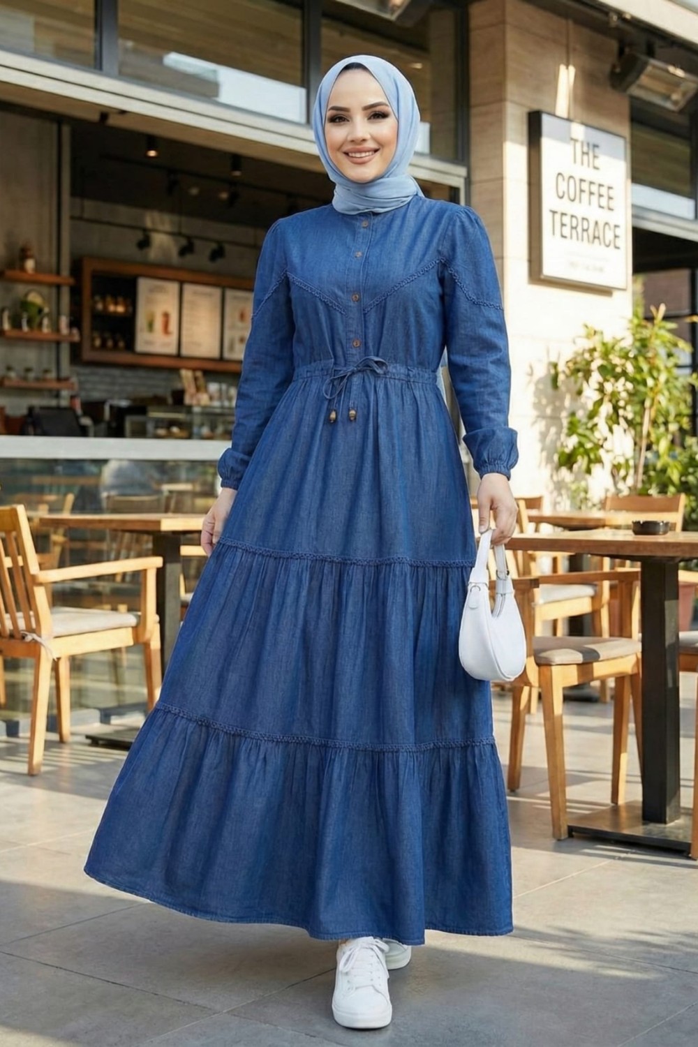 Harma Time Butik Kadın Dantel Detaylı Düğmeli ve Bağcıklı Koyu Kot Mavi Uzun Elbise görsel 3