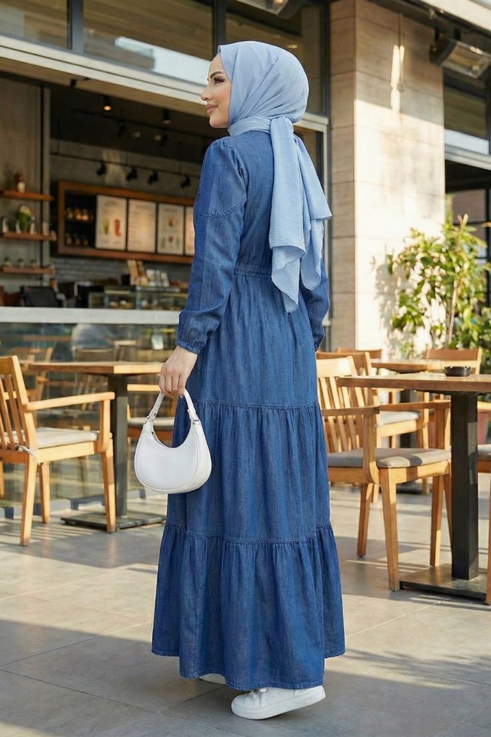 Harma Time Butik Kadın Dantel Detaylı Düğmeli ve Bağcıklı Koyu Kot Mavi Uzun Elbise görsel 4