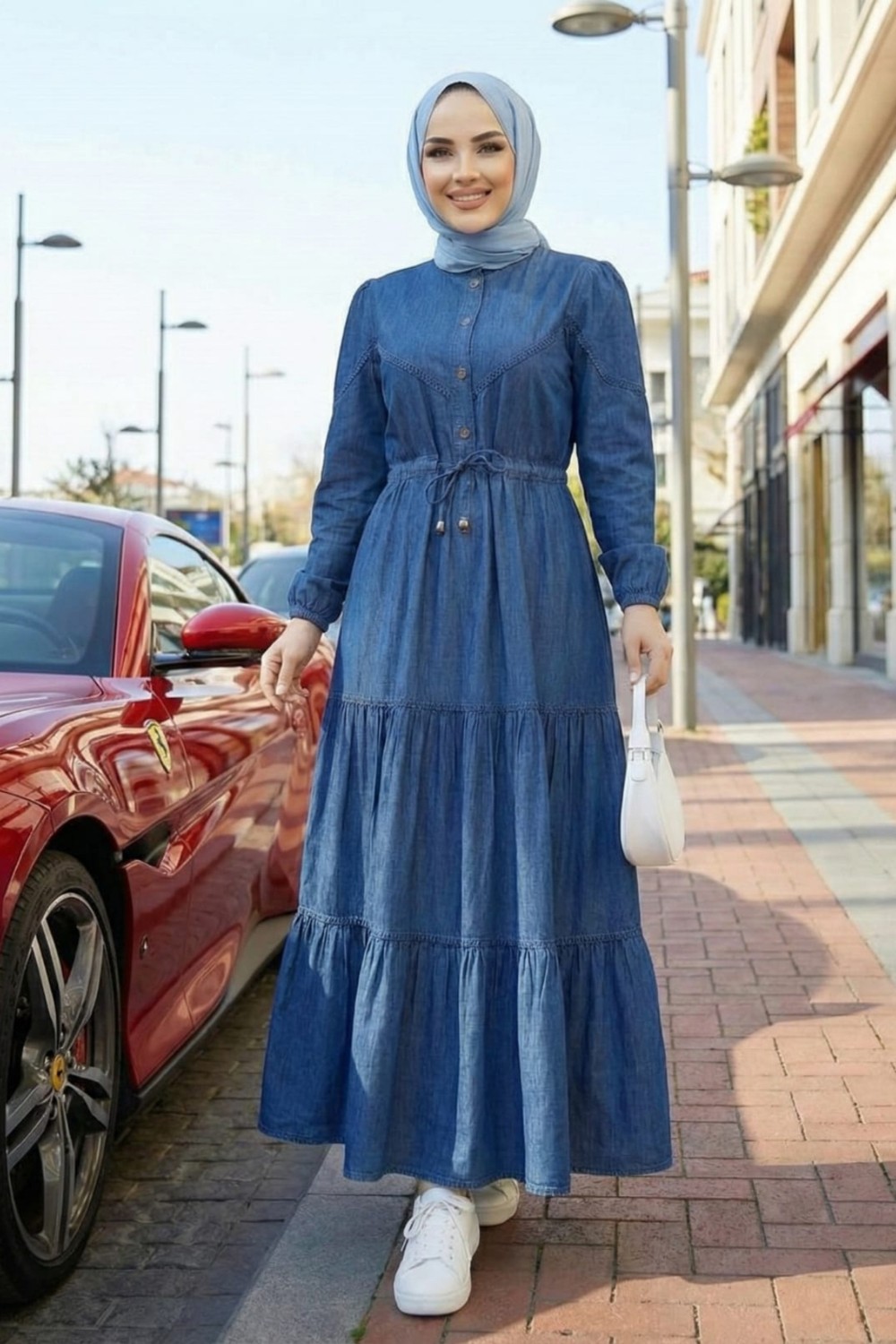 Harma Time Butik Kadın Dantel Detaylı Düğmeli ve Bağcıklı Koyu Kot Mavi Uzun Elbise görsel 5