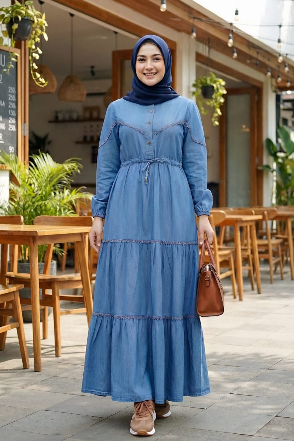 Harma Time Butik Kadın Dantel Detaylı Düğmeli ve Bağcıklı Koyu Kot Mavi Uzun Elbise
