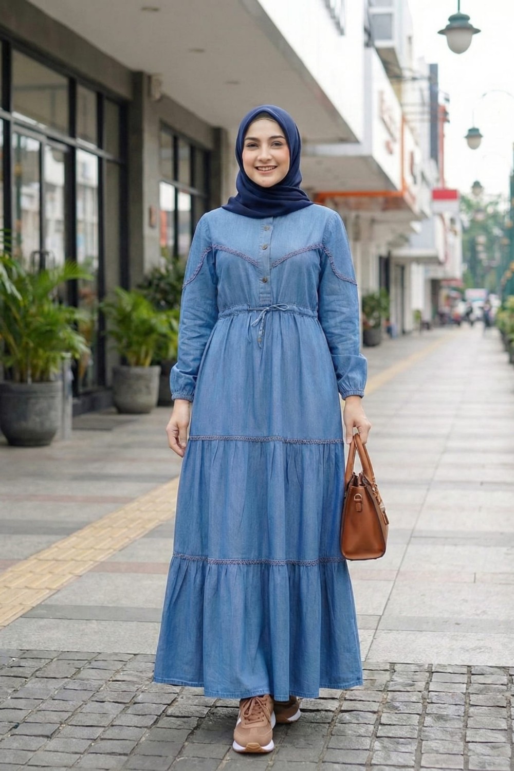 Harma Time Butik Kadın Dantel Detaylı Düğmeli ve Bağcıklı Koyu Kot Mavi Uzun Elbise görsel 7