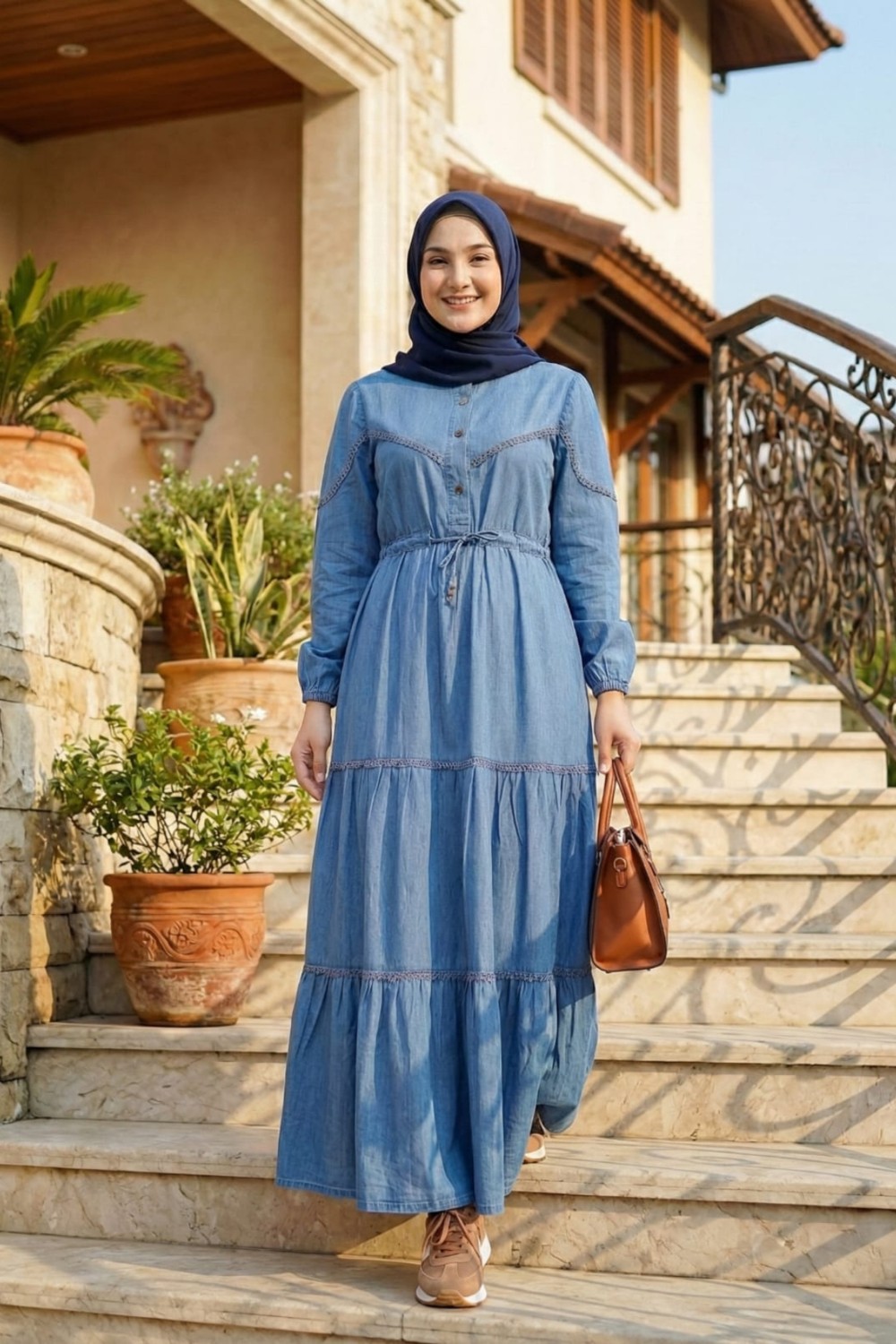 Harma Time Butik Kadın Dantel Detaylı Düğmeli ve Bağcıklı Koyu Kot Mavi Uzun Elbise görsel 8