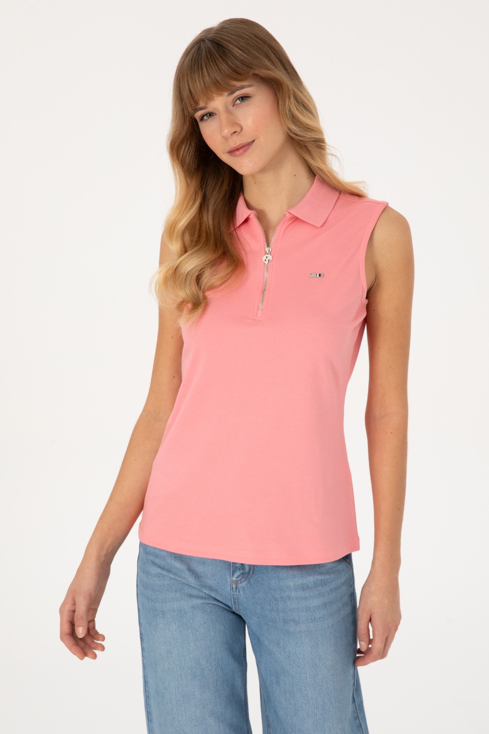 U.S. Polo Assn. Kadın Pembe Polo Yaka Yarım Fermuarlı Tişört 50324852-VR041