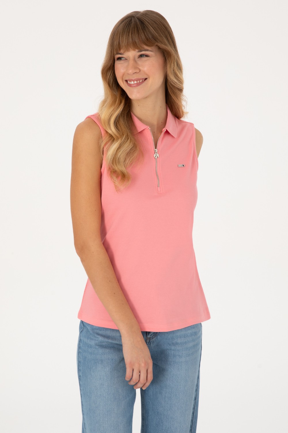 U.S. Polo Assn. Kadın Pembe Polo Yaka Yarım Fermuarlı Tişört 50324852-VR041 görsel 3