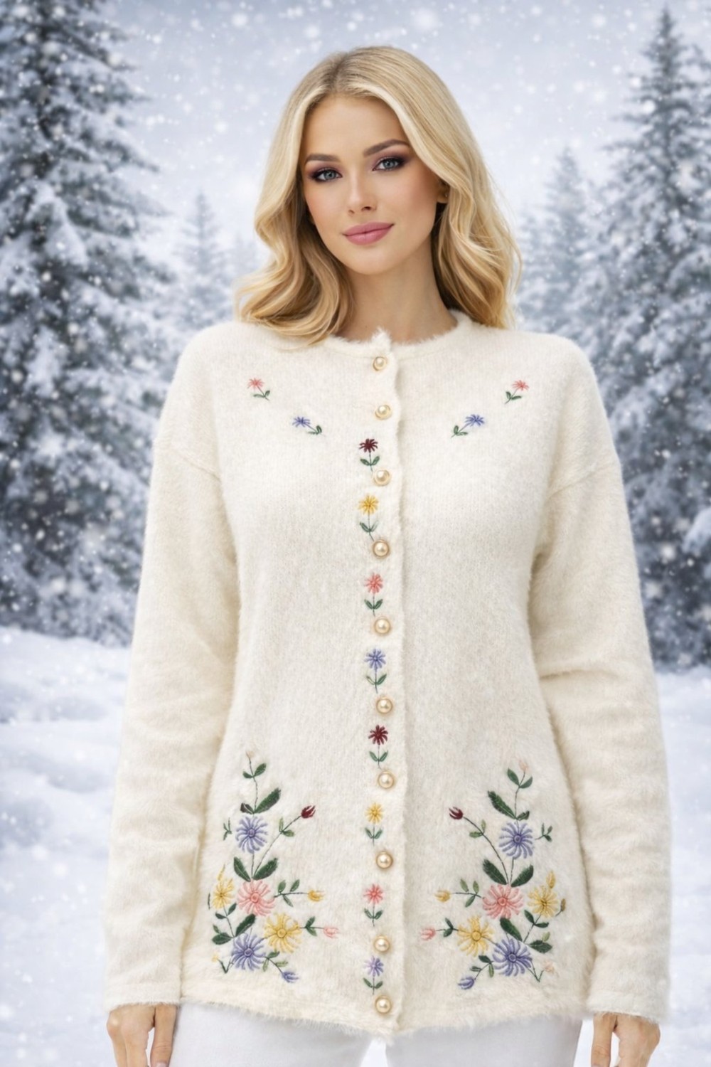 Fresh Moda Kadın Beyaz Angora Çiçek Nakışlı Ince Düğmeli Hırka görsel 4