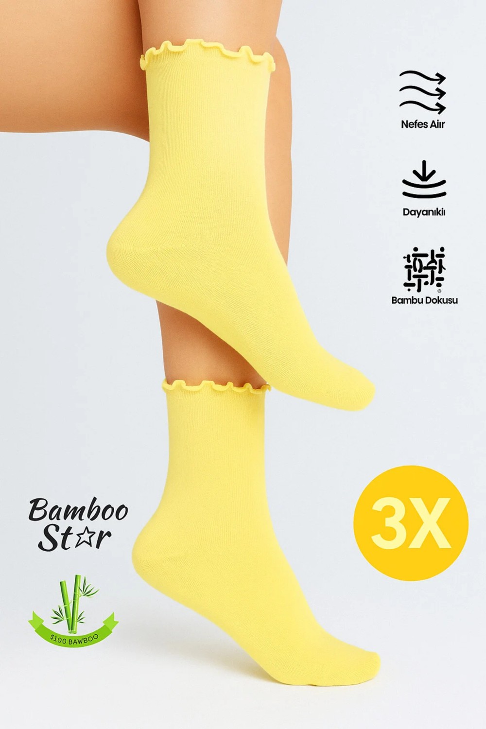 Bamboo Star Bambu Kadın Fırfırlı Lastiksiz Dikişsiz Kadın Soket 3lü Asorti Çorap/iz Bırakmaz Sıkmayan Çorap