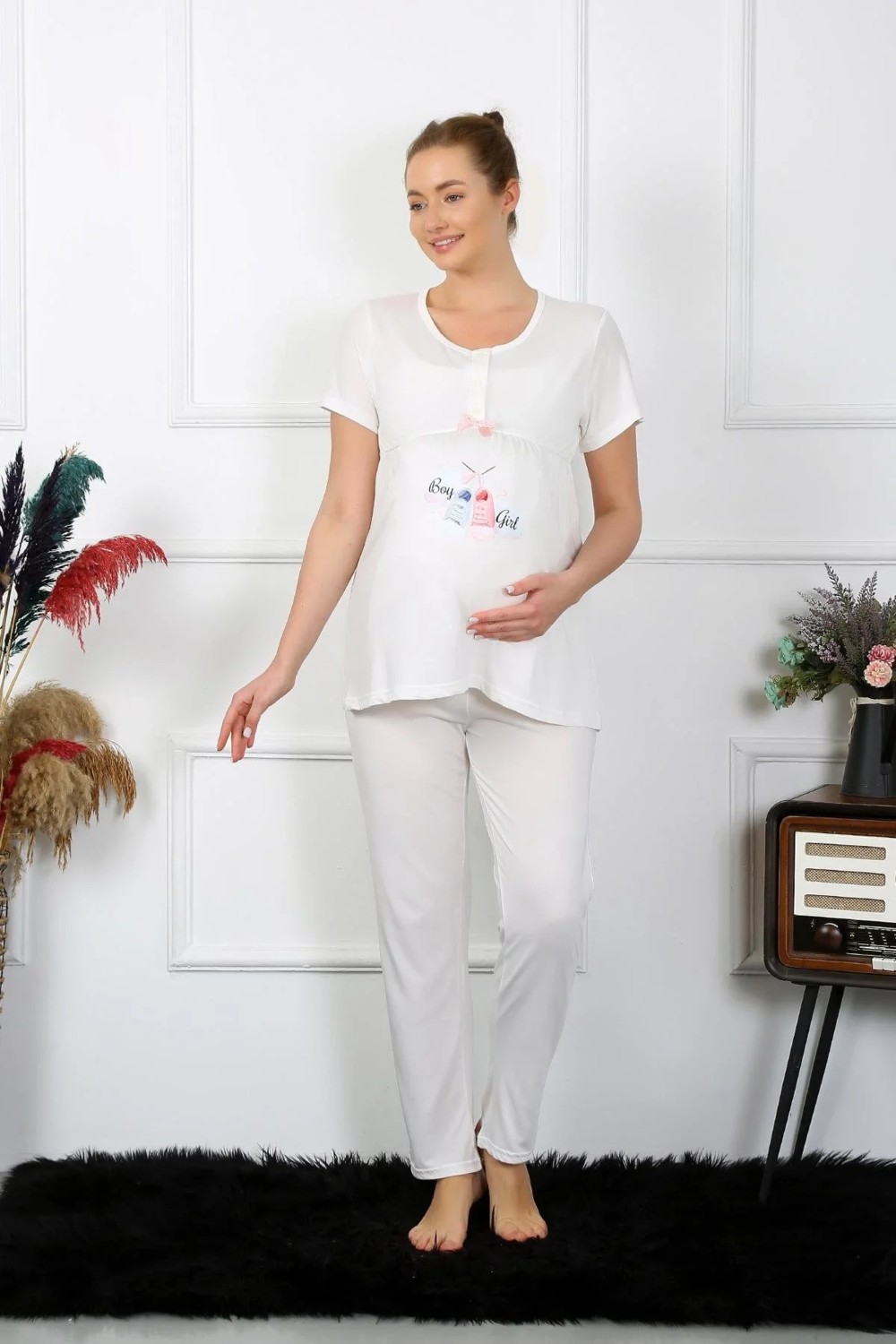 Beruflic Moda Kadın Kısa Kol Hamile Lohusa Pijama Takımı Ekru Beruflic görsel 3