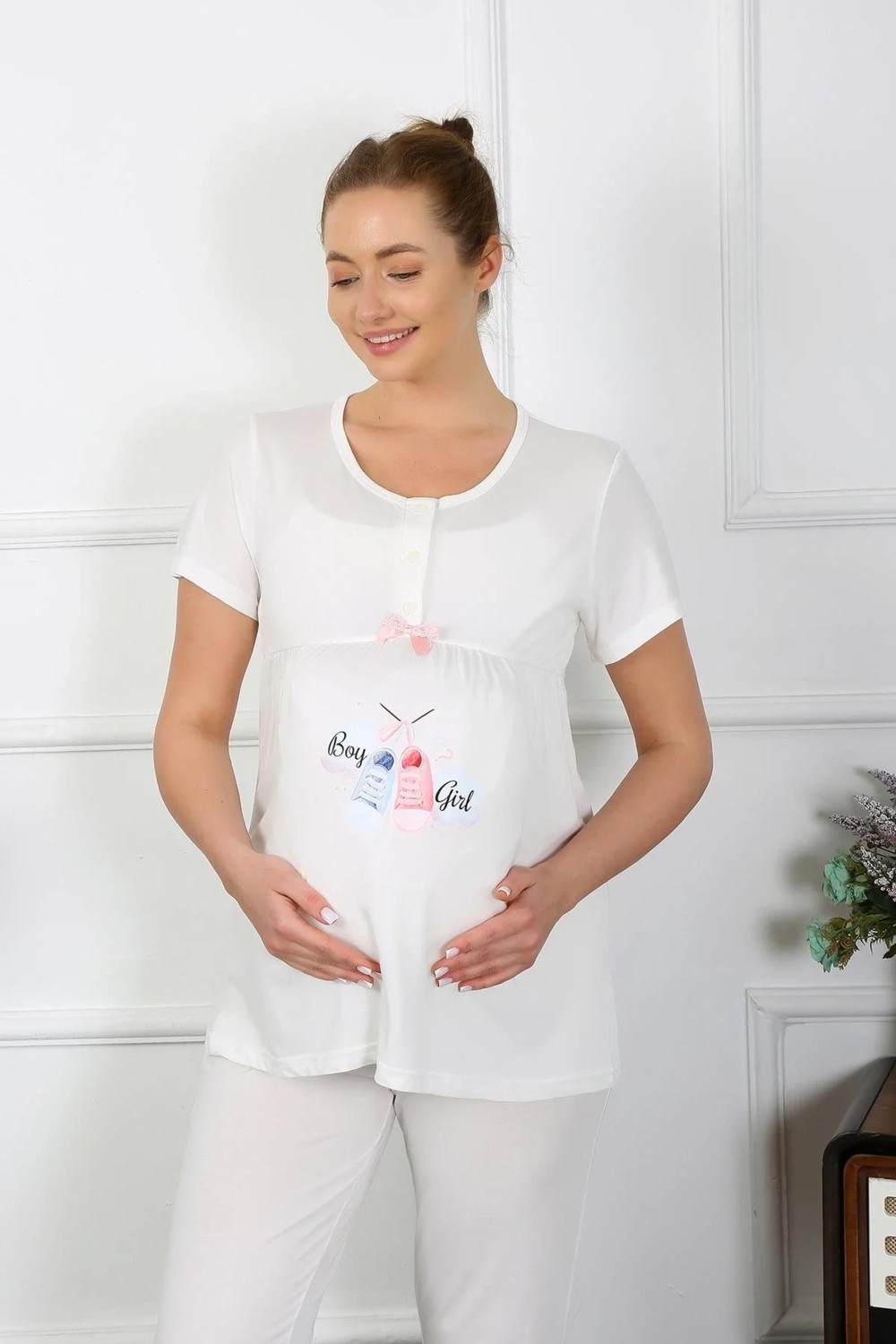 Beruflic Moda Kadın Kısa Kol Hamile Lohusa Pijama Takımı Ekru Beruflic görsel 4