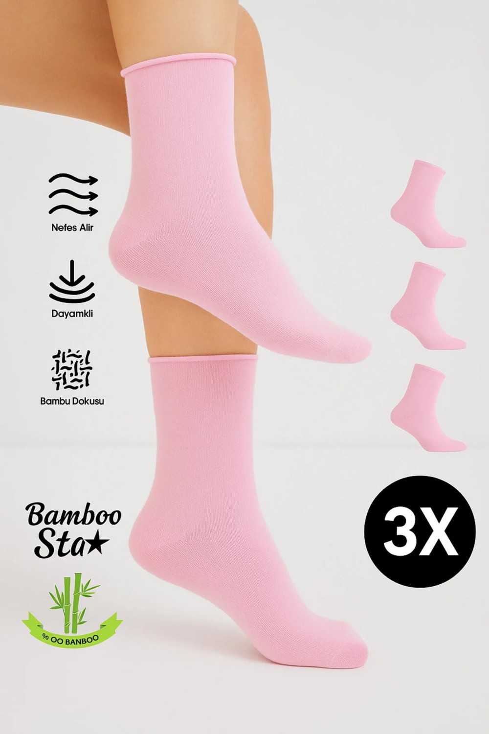 Bamboo Star Bambu Kadın Lastiksiz Beyaz Soket Dikişsiz Premium Çorap 3'lü Paket / Sıkmayan Çorap / Iz Bırakmaz