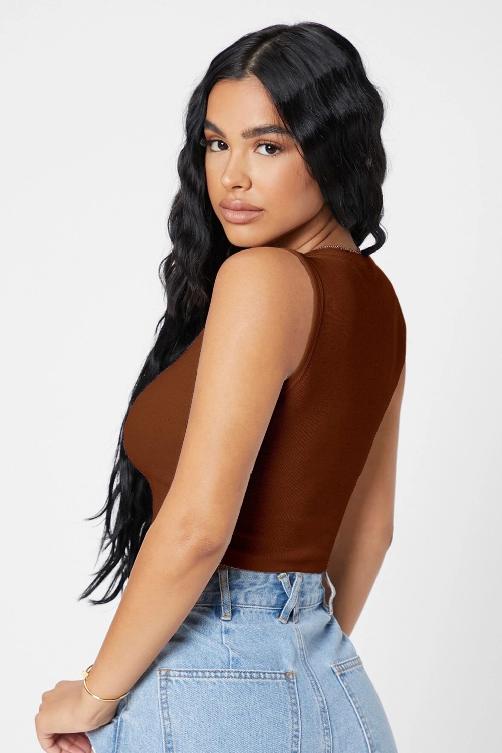 Fantastik Store Kadın Kahverengi Kare Yaka Crop Top Bluz görsel 2