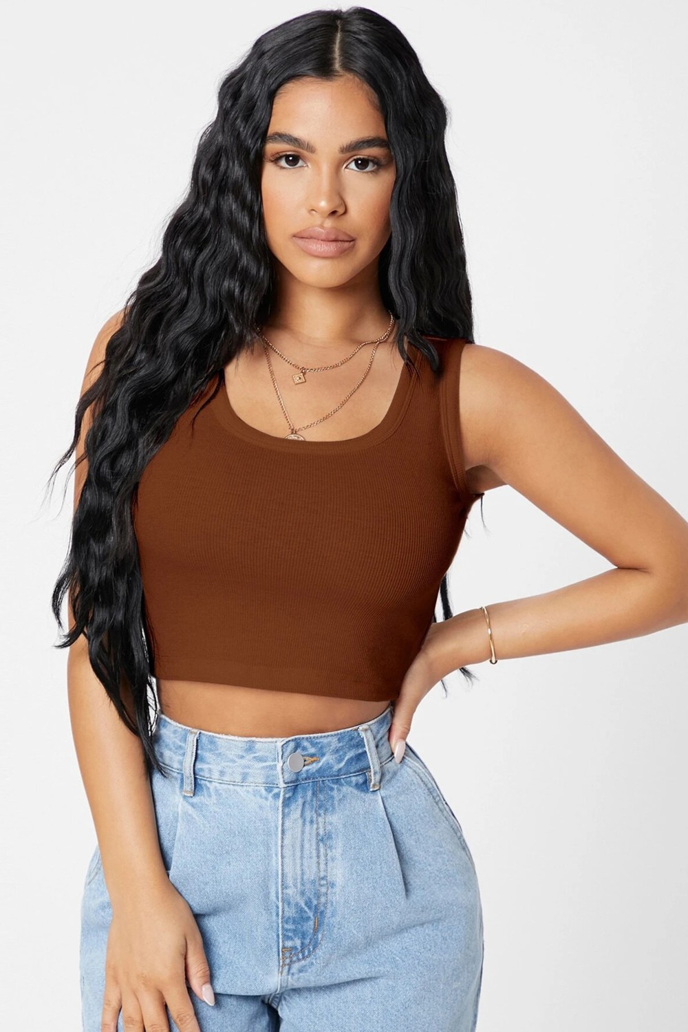Fantastik Store Kadın Kahverengi Kare Yaka Crop Top Bluz görsel 4